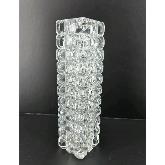 Diamond Cut Textured Square Cylinder Clear Crystal Glass Bud Vase 6.75 Inch - Picture 1 of 9